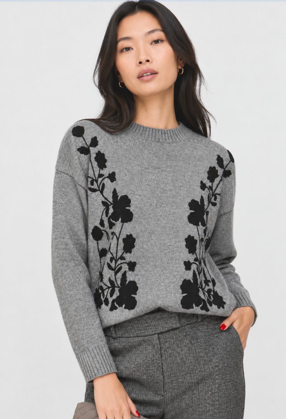 Lily And Lionel Clara Crew Neck Sweater Jumper Floral Grey Womens Large New